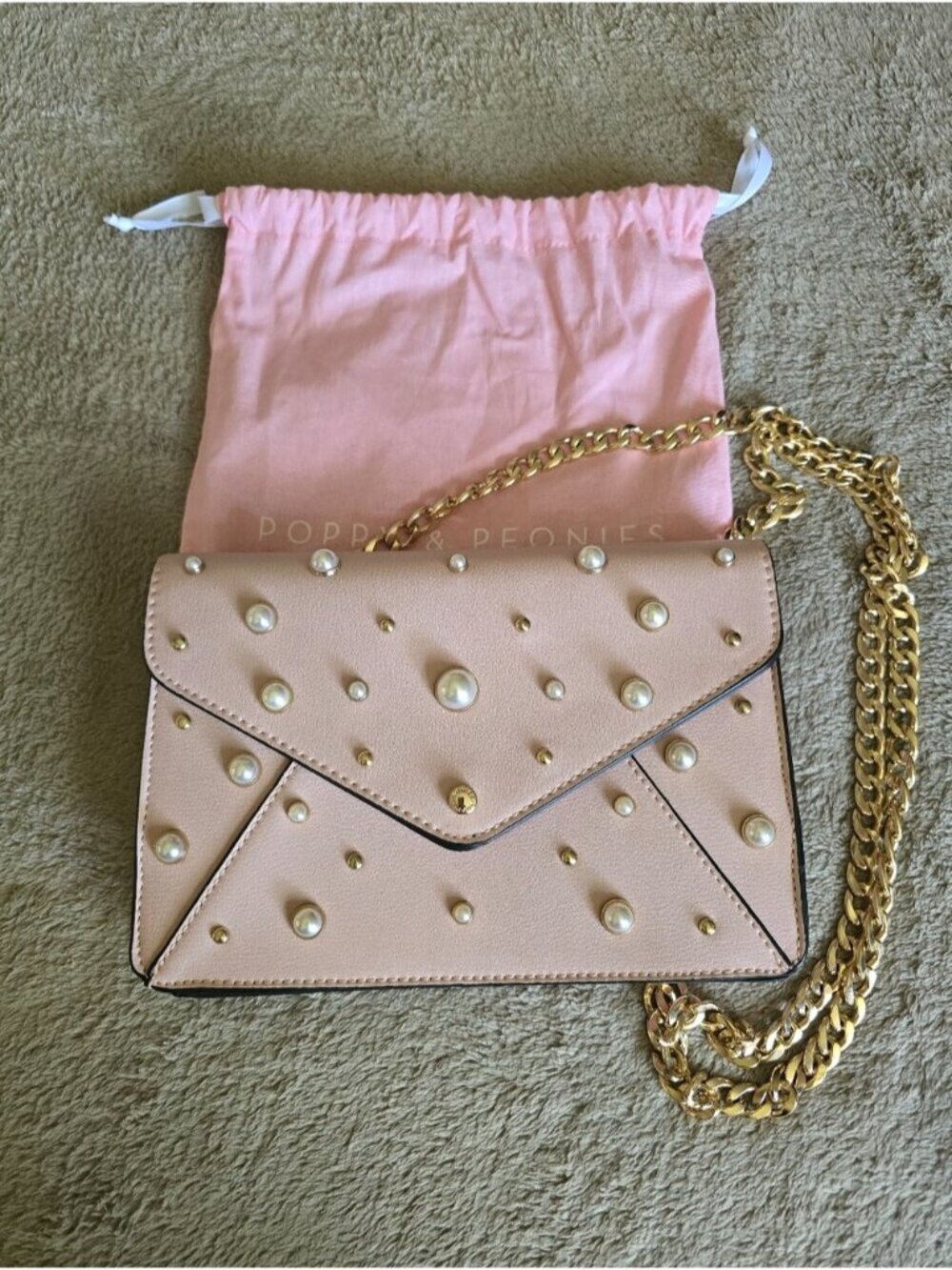 Poppy & Peonies Light Pink Pearl And Gold Embellished Clutch
